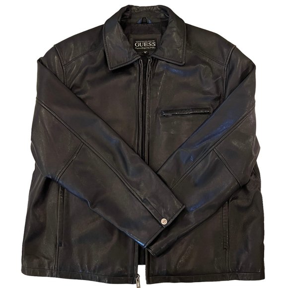 GUESS Black Leather Jacket Car Coat Size XL - Picture 2 of 11